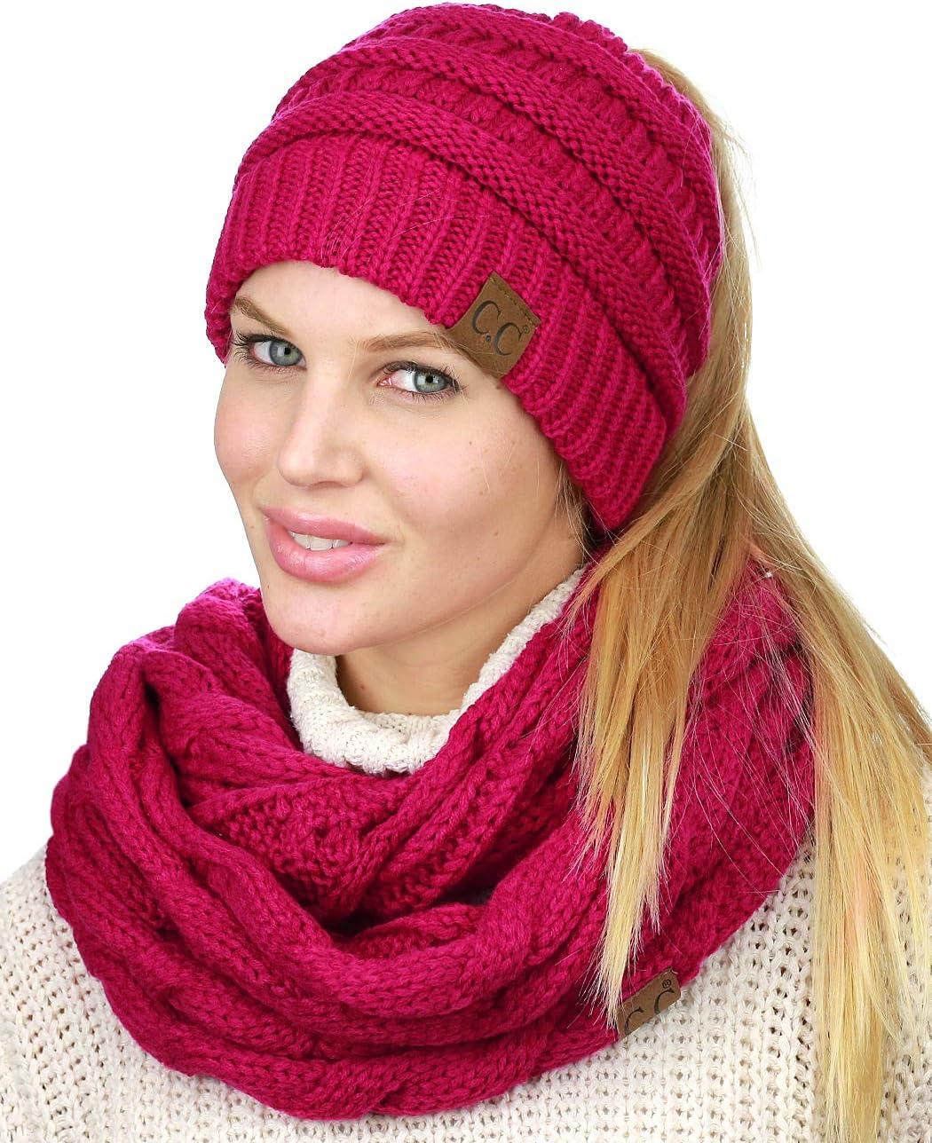 imageCC BeanieTail Messy High Bun Cable Knit Beanie and Infinity Loop Scarf SetHot Pink