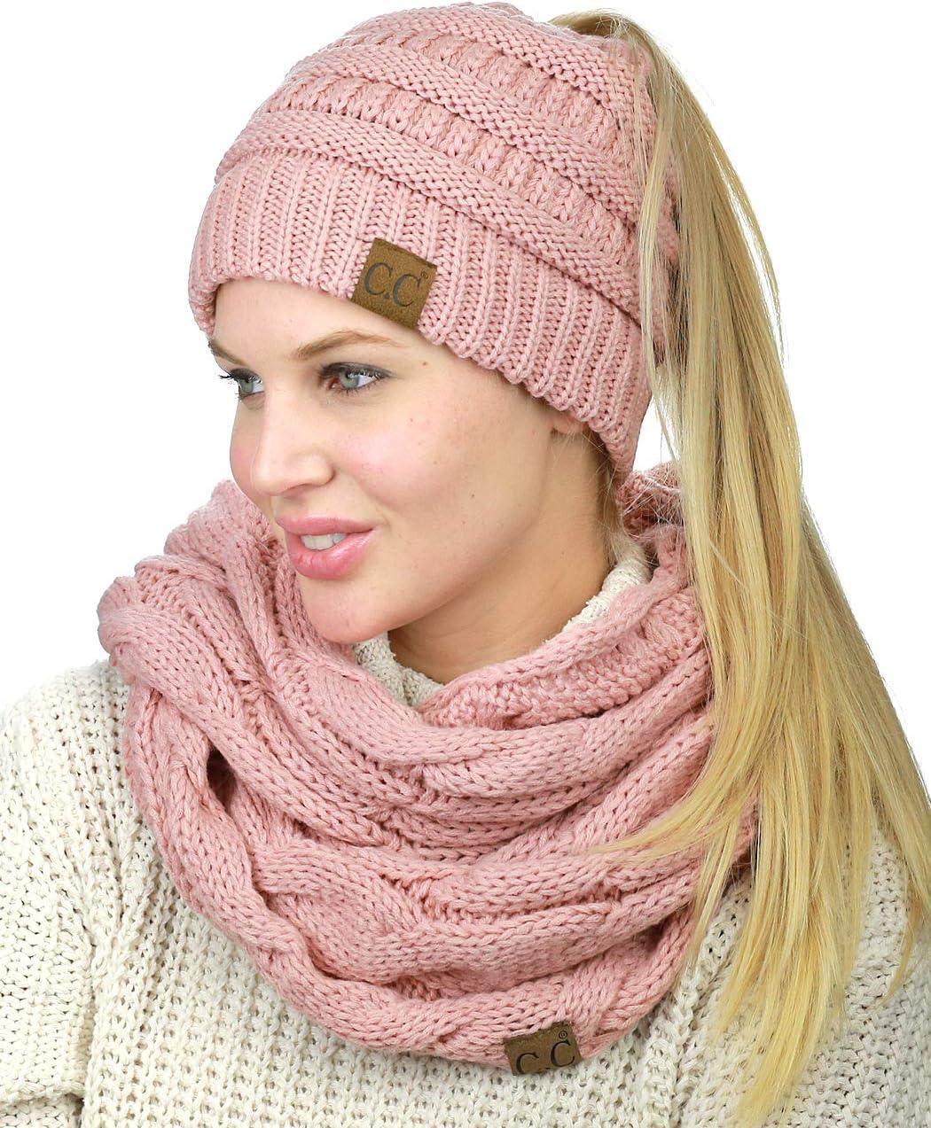 imageCC BeanieTail Messy High Bun Cable Knit Beanie and Infinity Loop Scarf SetIndi Pink