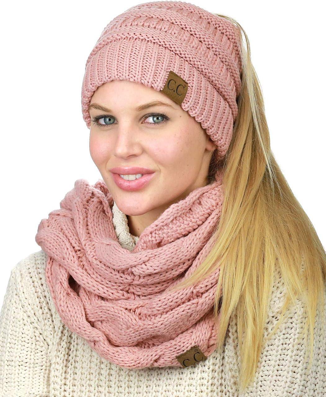 imageCC BeanieTail Messy High Bun Cable Knit Beanie and Infinity Loop Scarf SetIndi Pink
