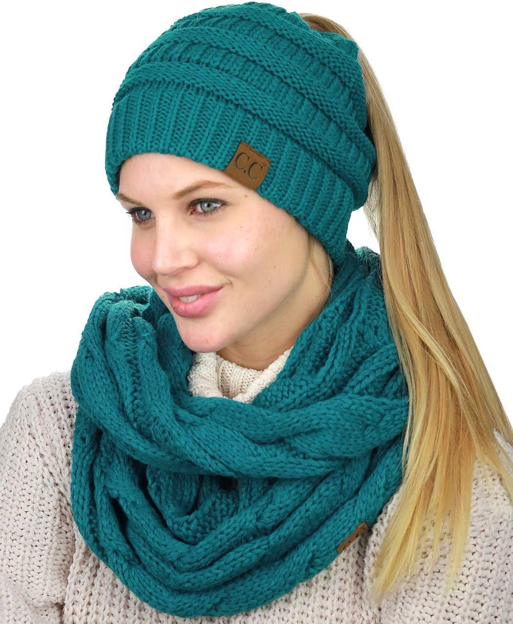 imageCC BeanieTail Messy High Bun Cable Knit Beanie and Infinity Loop Scarf SetTeal