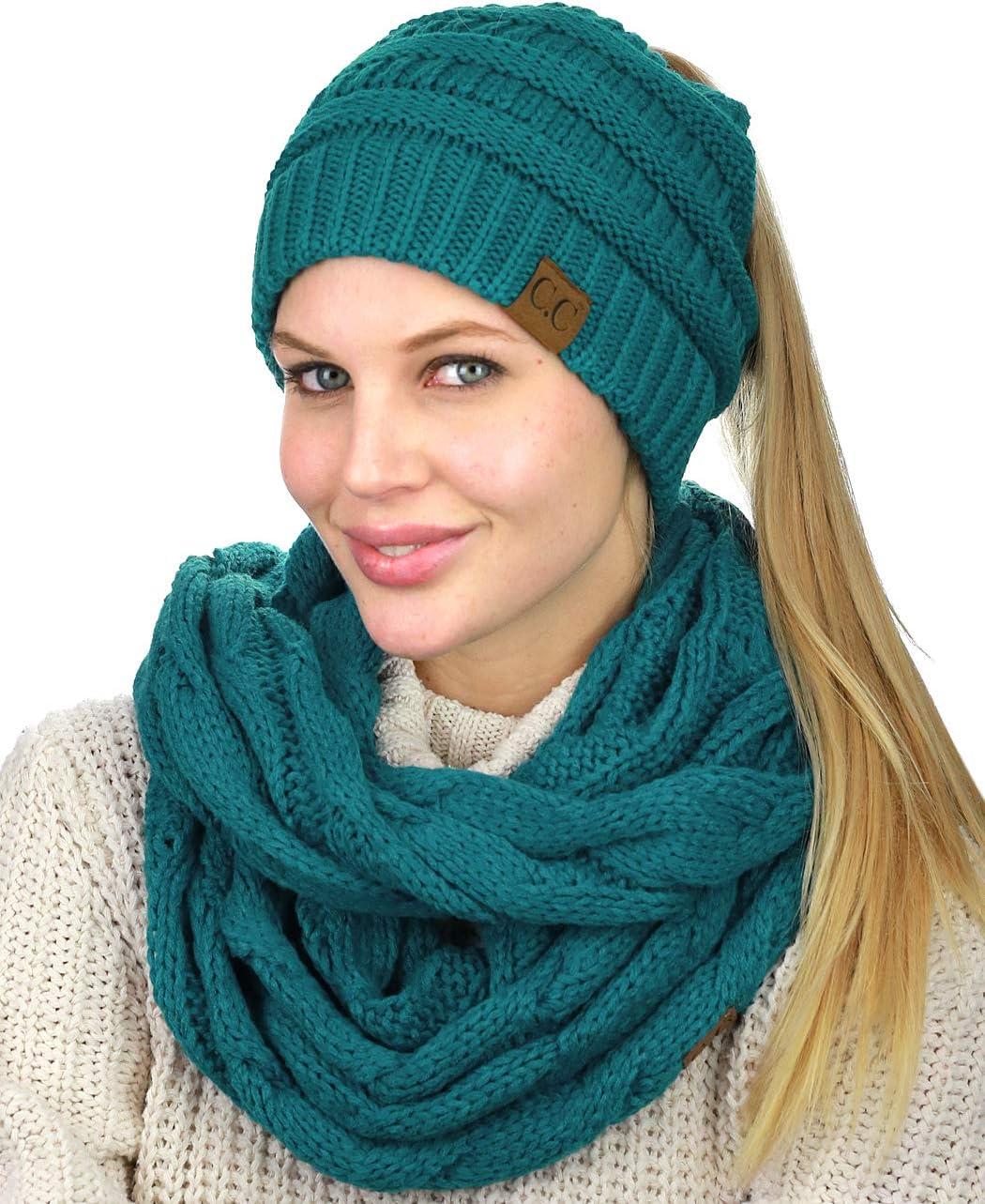 imageCC BeanieTail Messy High Bun Cable Knit Beanie and Infinity Loop Scarf SetTeal