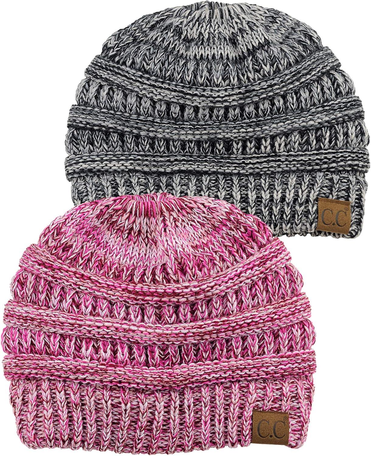 imageCC BeanieTail Soft Stretch Cable Knit Messy High Bun Ponytail Beanie Hat 2 Pack3 Tone Pink3 Tone Gray