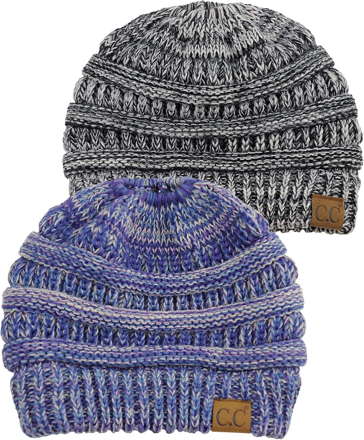 imageCC BeanieTail Soft Stretch Cable Knit Messy High Bun Ponytail Beanie Hat 2 PackBlue  Purple  Gray3 Tone Gray