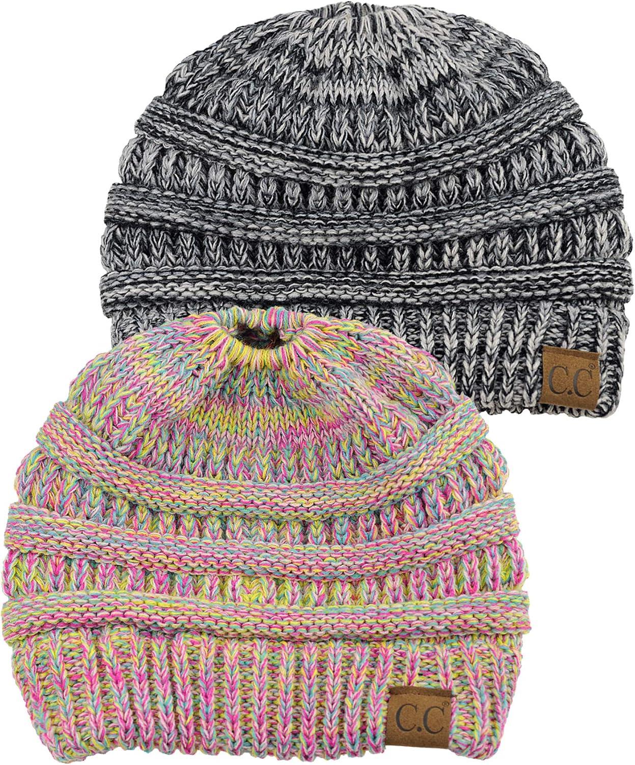 imageCC BeanieTail Soft Stretch Cable Knit Messy High Bun Ponytail Beanie Hat 2 PackBright Mix3 Tone Gray