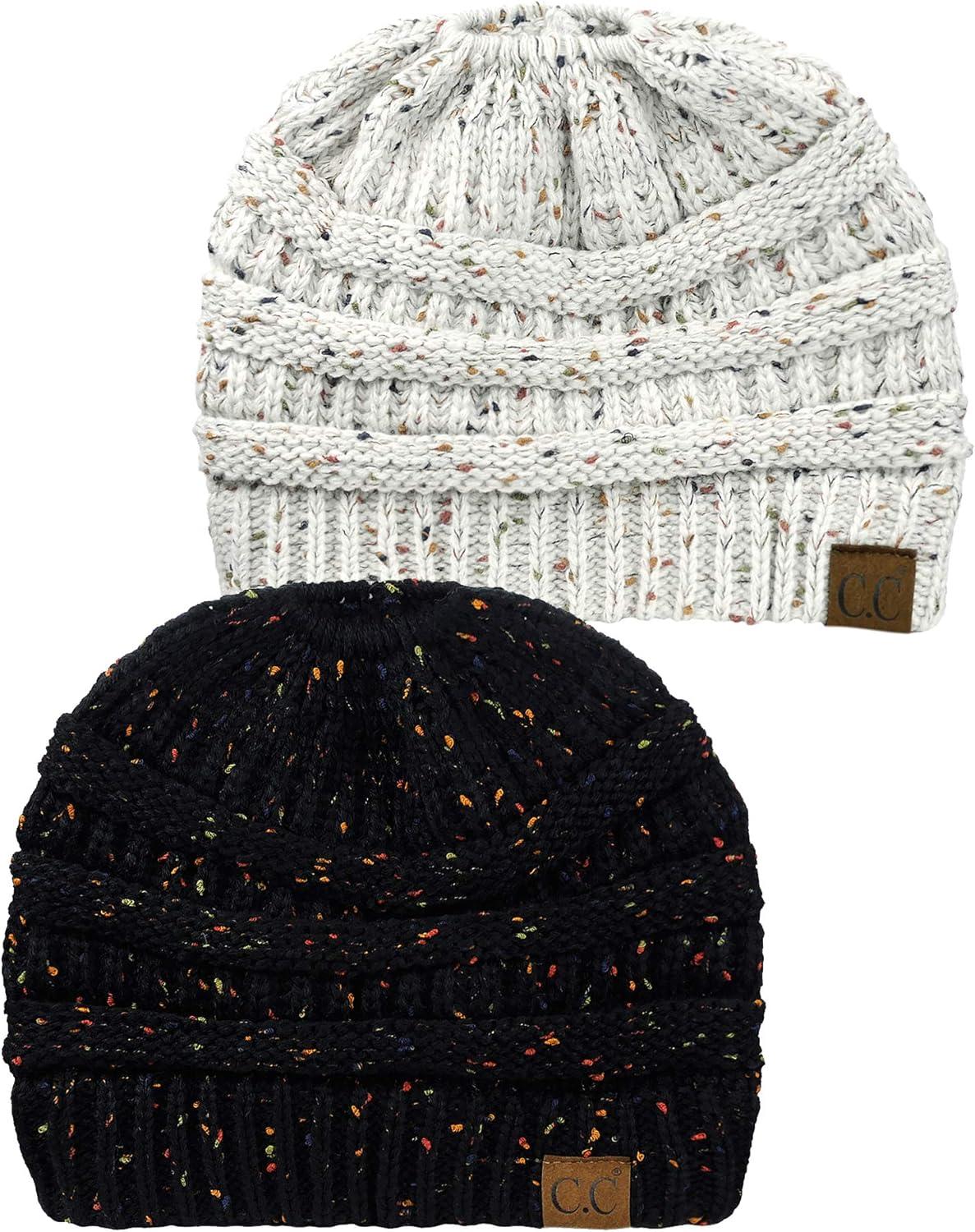 imageCC BeanieTail Soft Stretch Cable Knit Messy High Bun Ponytail Beanie Hat 2 PackConfetti BlackConfetti Ivory
