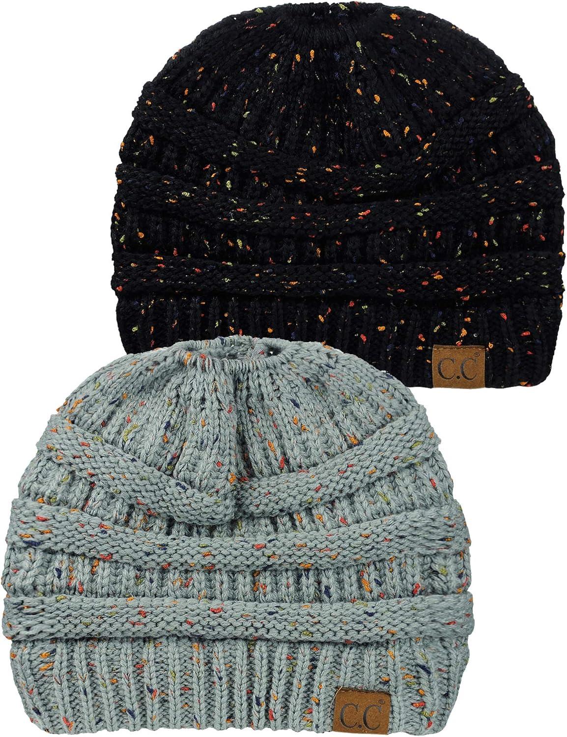 imageCC BeanieTail Soft Stretch Cable Knit Messy High Bun Ponytail Beanie Hat 2 PackConfetti BlackConfetti Natural Gray