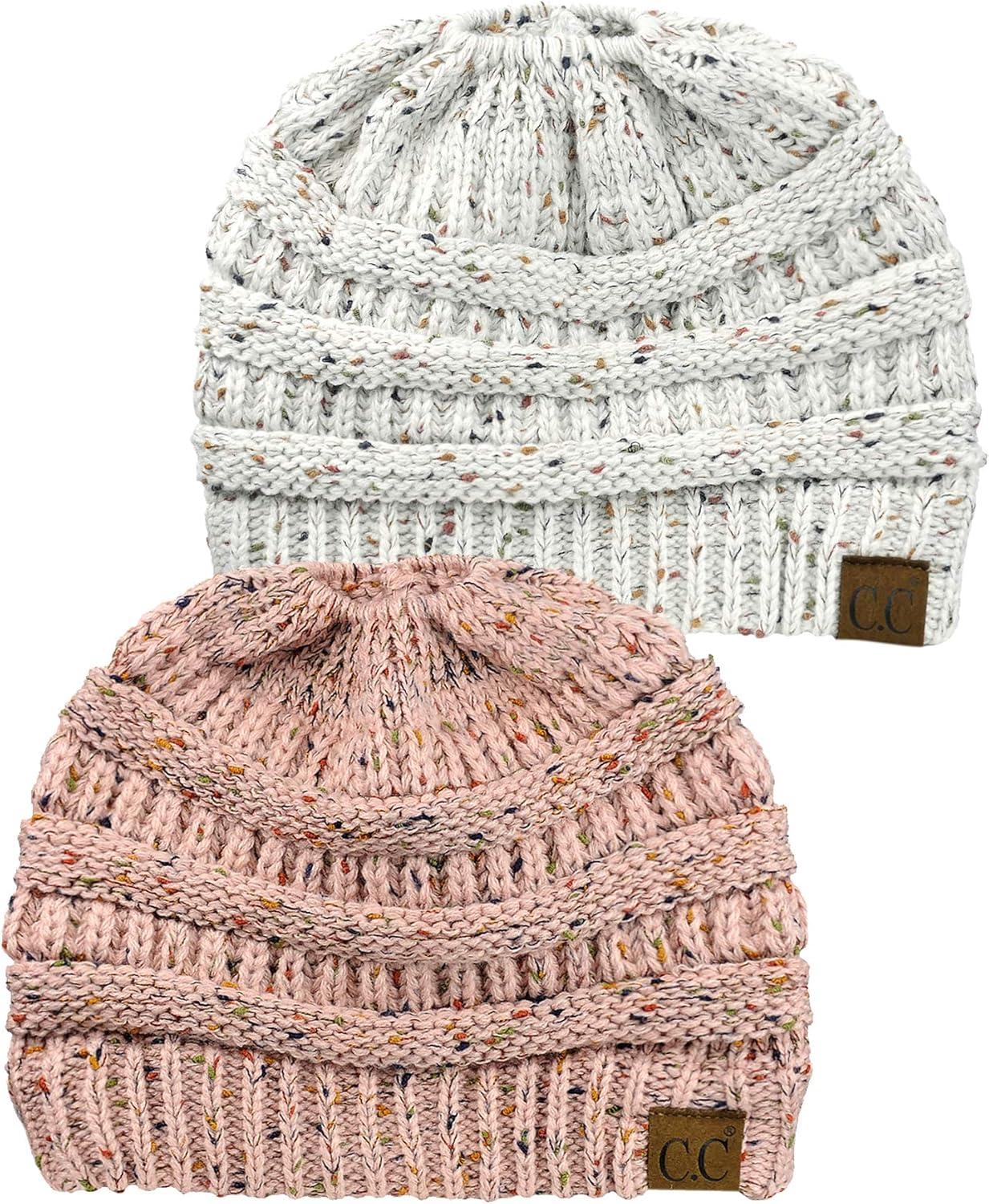 imageCC BeanieTail Soft Stretch Cable Knit Messy High Bun Ponytail Beanie Hat 2 PackConfetti IvoryConfetti Indi Pink