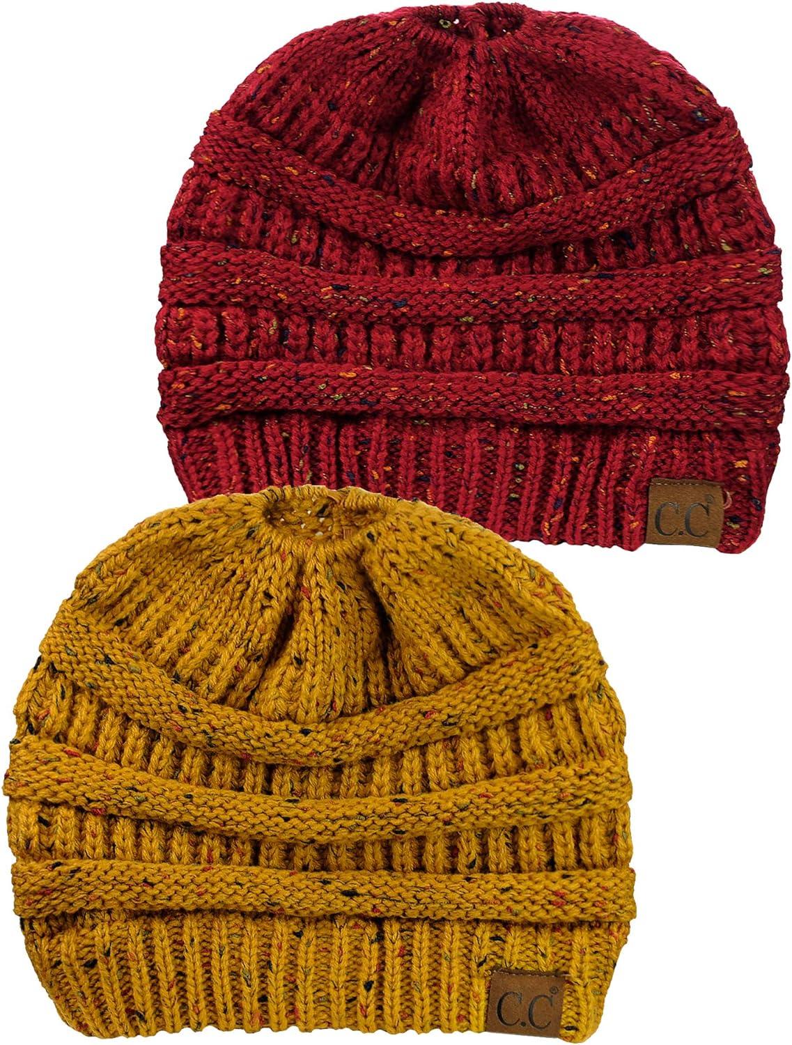 imageCC BeanieTail Soft Stretch Cable Knit Messy High Bun Ponytail Beanie Hat 2 PackConfetti MustardConfetti Burgundy