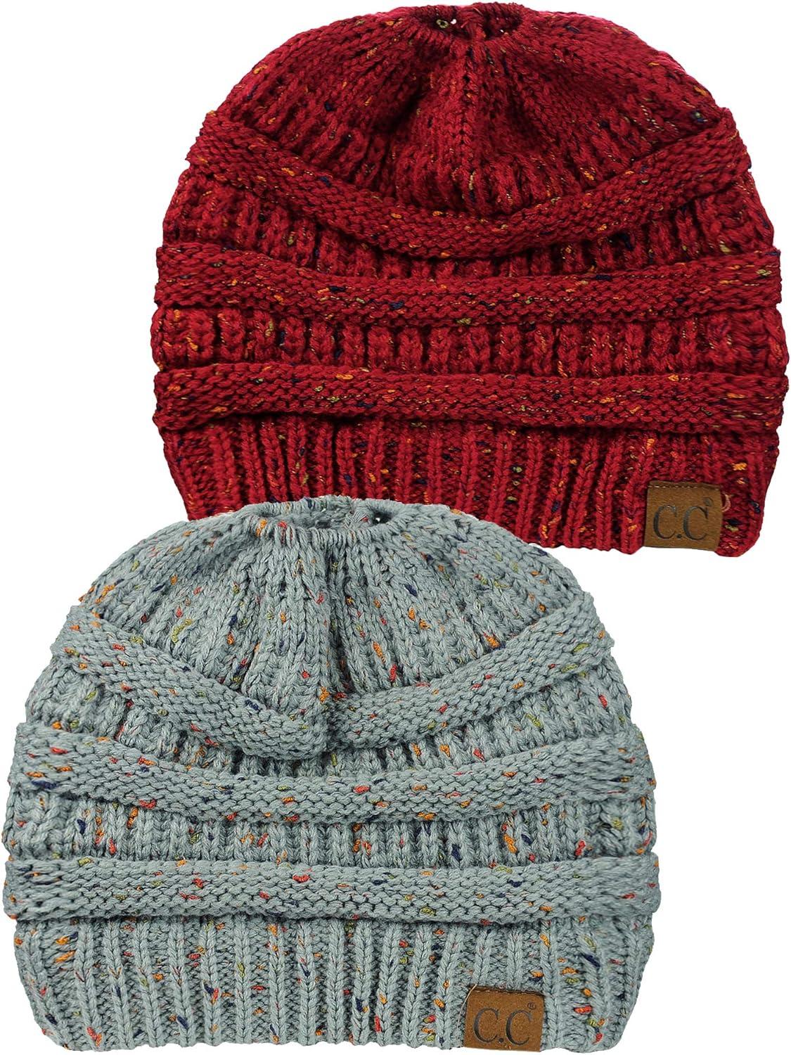 imageCC BeanieTail Soft Stretch Cable Knit Messy High Bun Ponytail Beanie Hat 2 PackConfetti Natural GrayConfetti Burgundy