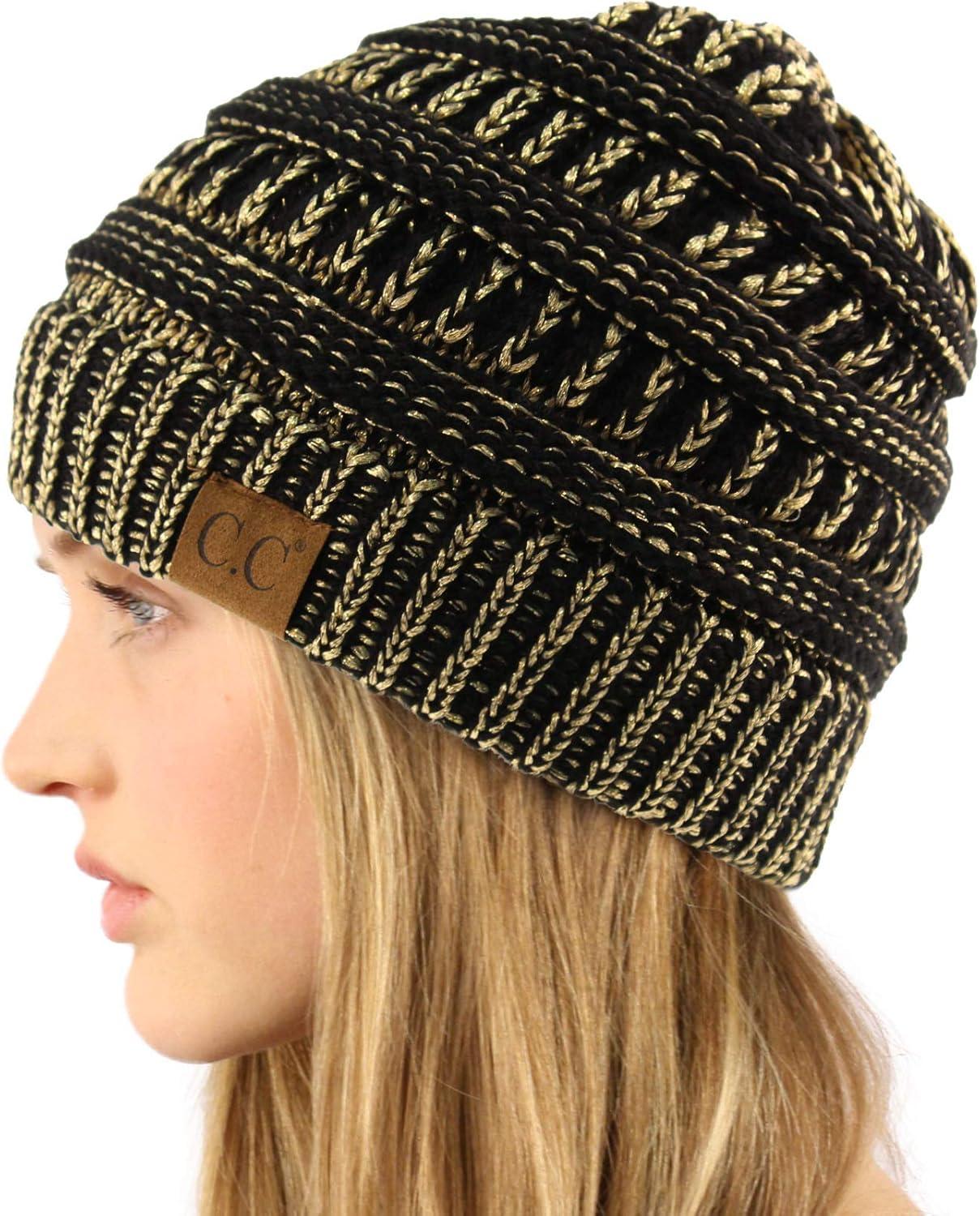 imageCC Classic Winter Fall Trendy Chunky Stretchy Cable Knit Beanie HatMetallic BlackGold