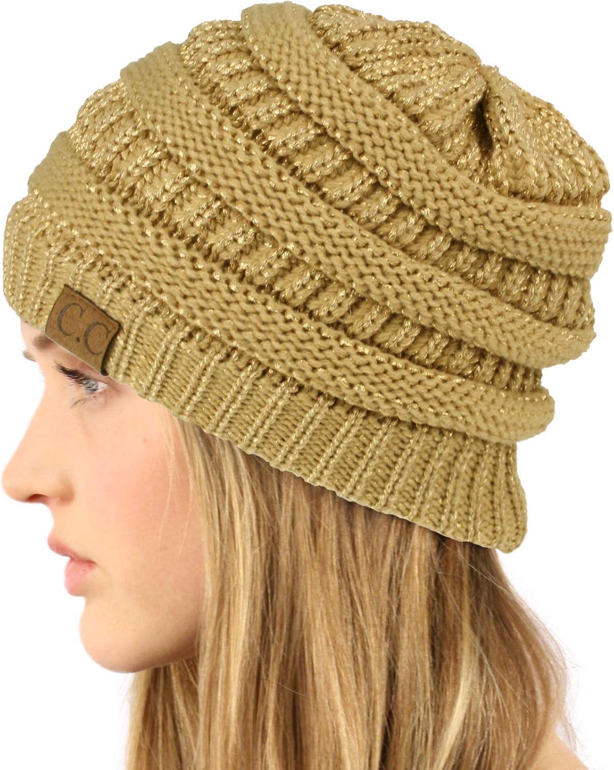 imageCC Classic Winter Fall Trendy Chunky Stretchy Cable Knit Beanie HatMetallic Gold