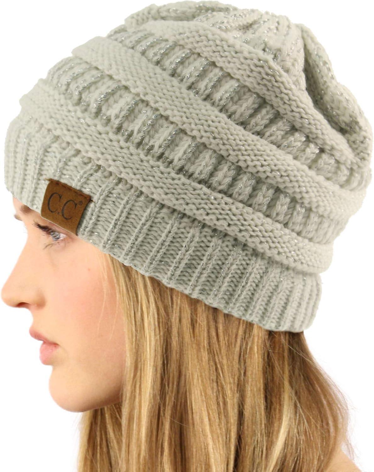 imageCC Classic Winter Fall Trendy Chunky Stretchy Cable Knit Beanie HatMetallic IvorySilver