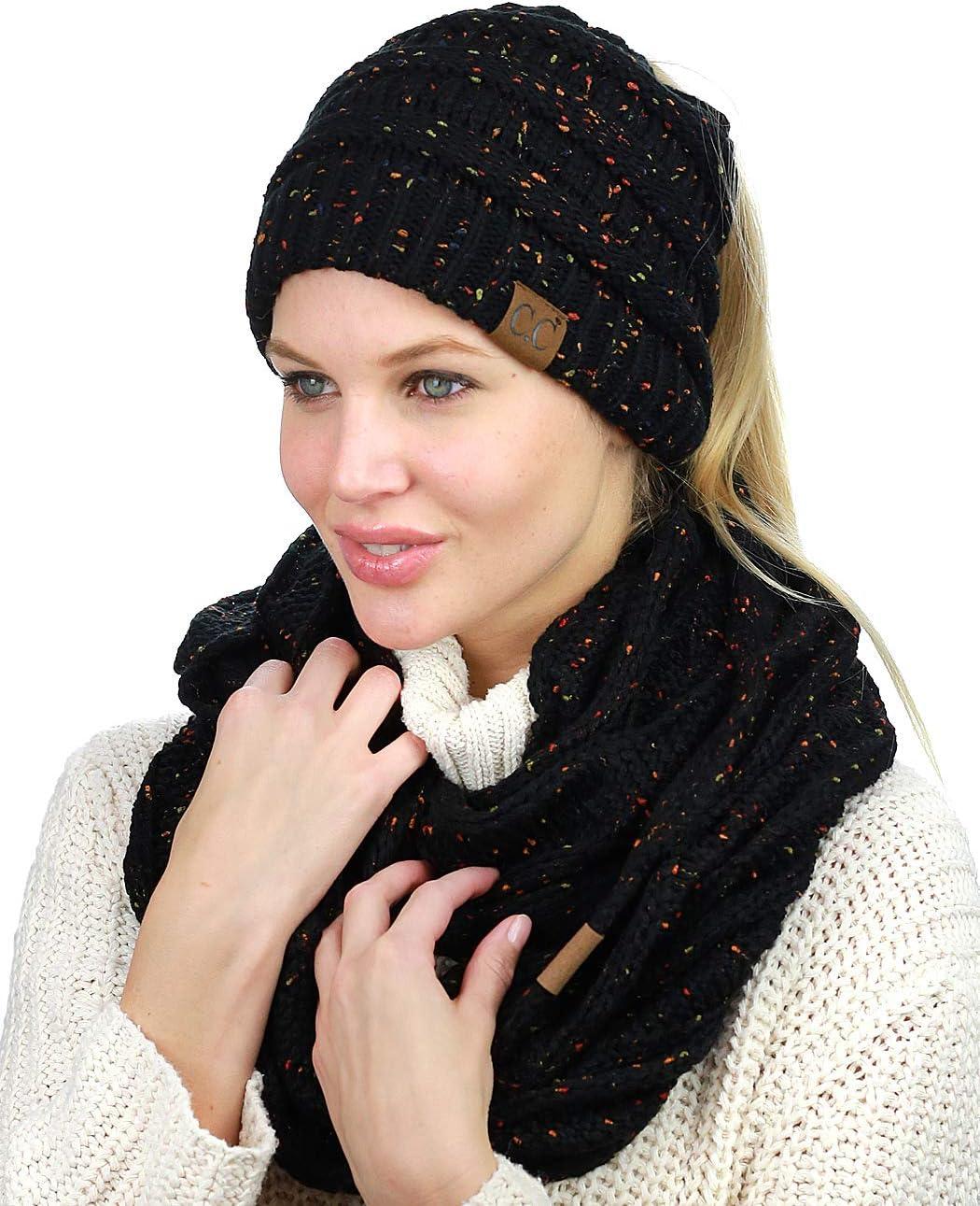 imageCC Colorful Confetti BeanieTail Messy High Bun Cable Knit Beanie and Infinity Loop Scarf SetBlack