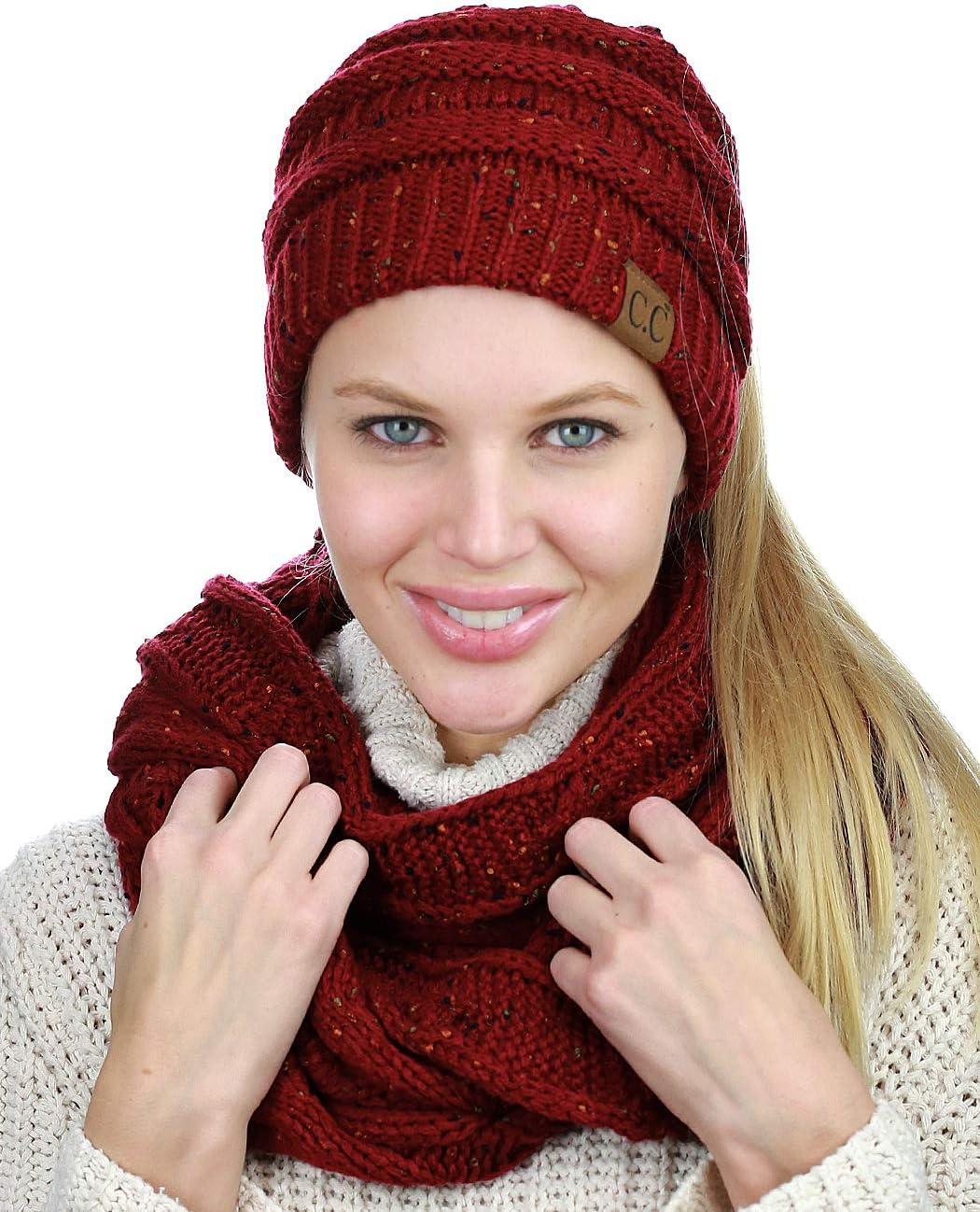 imageCC Colorful Confetti BeanieTail Messy High Bun Cable Knit Beanie and Infinity Loop Scarf SetBurgundy