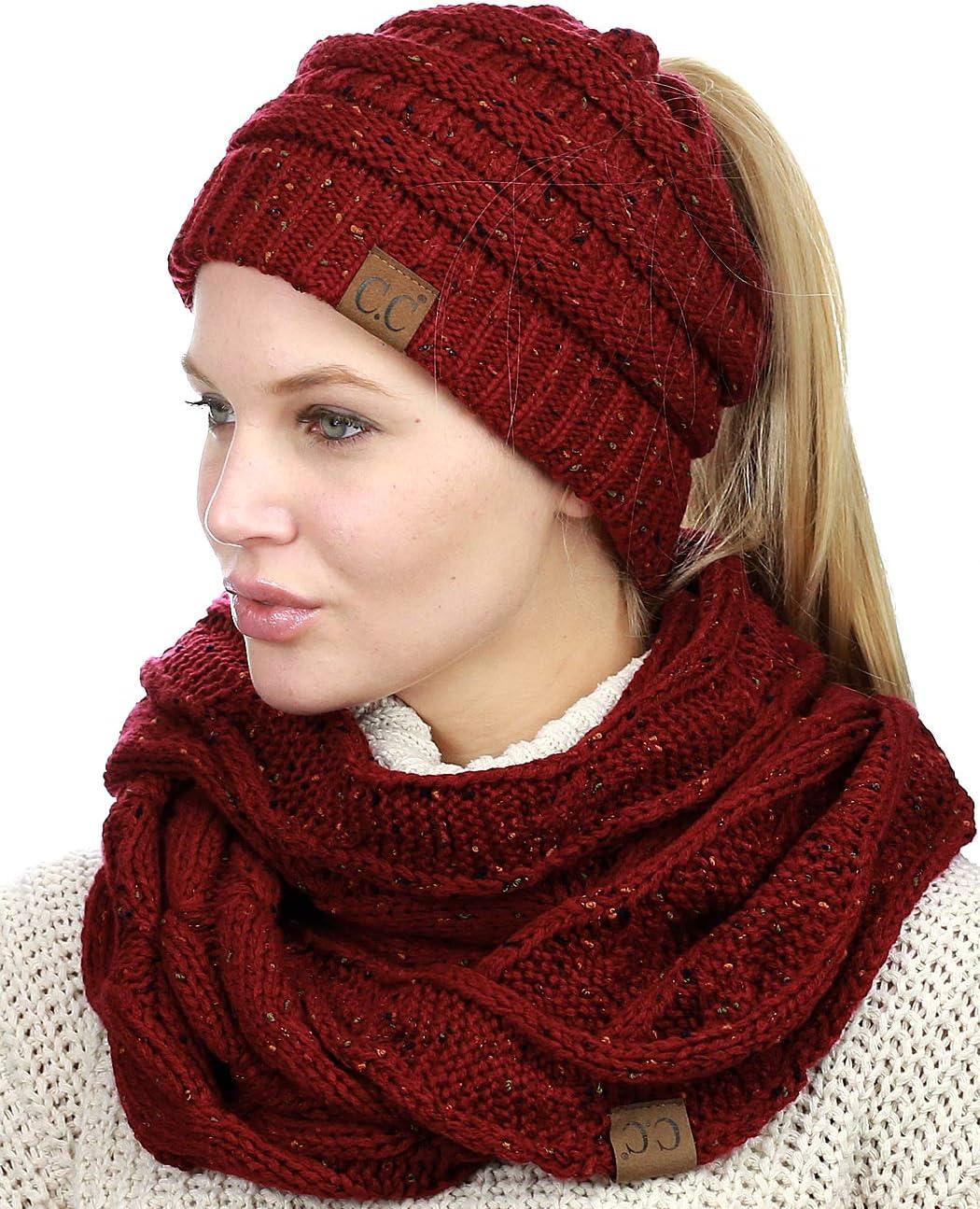 imageCC Colorful Confetti BeanieTail Messy High Bun Cable Knit Beanie and Infinity Loop Scarf SetBurgundy