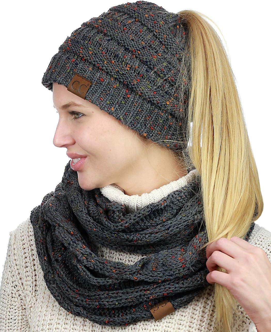 imageCC Colorful Confetti BeanieTail Messy High Bun Cable Knit Beanie and Infinity Loop Scarf SetDark Melange Gray