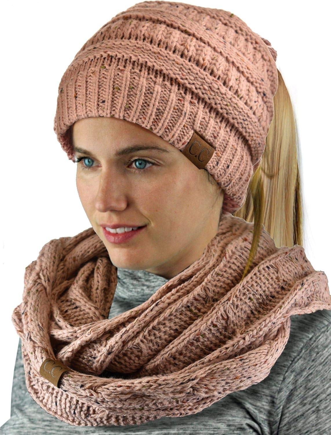 imageCC Colorful Confetti BeanieTail Messy High Bun Cable Knit Beanie and Infinity Loop Scarf SetIndi Pink