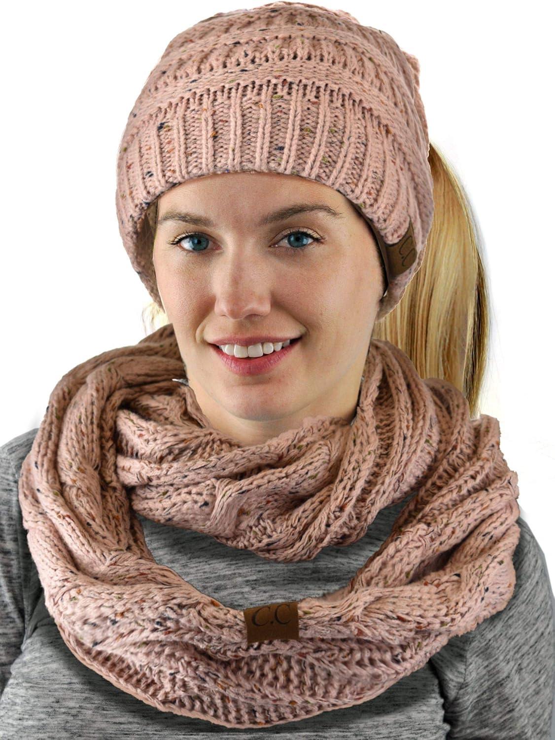 imageCC Colorful Confetti BeanieTail Messy High Bun Cable Knit Beanie and Infinity Loop Scarf SetIndi Pink