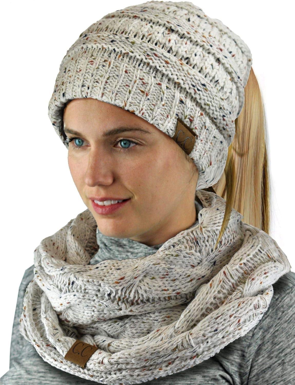 imageCC Colorful Confetti BeanieTail Messy High Bun Cable Knit Beanie and Infinity Loop Scarf SetIvory