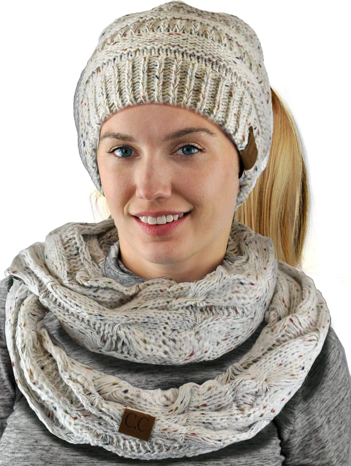 imageCC Colorful Confetti BeanieTail Messy High Bun Cable Knit Beanie and Infinity Loop Scarf SetIvory