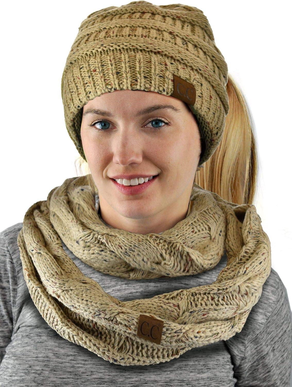 imageCC Colorful Confetti BeanieTail Messy High Bun Cable Knit Beanie and Infinity Loop Scarf SetLatte
