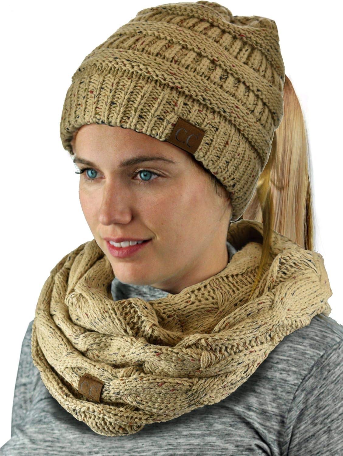 imageCC Colorful Confetti BeanieTail Messy High Bun Cable Knit Beanie and Infinity Loop Scarf SetLatte
