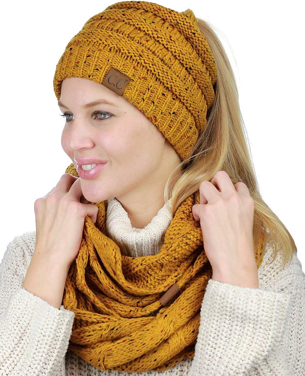 imageCC Colorful Confetti BeanieTail Messy High Bun Cable Knit Beanie and Infinity Loop Scarf SetMustard