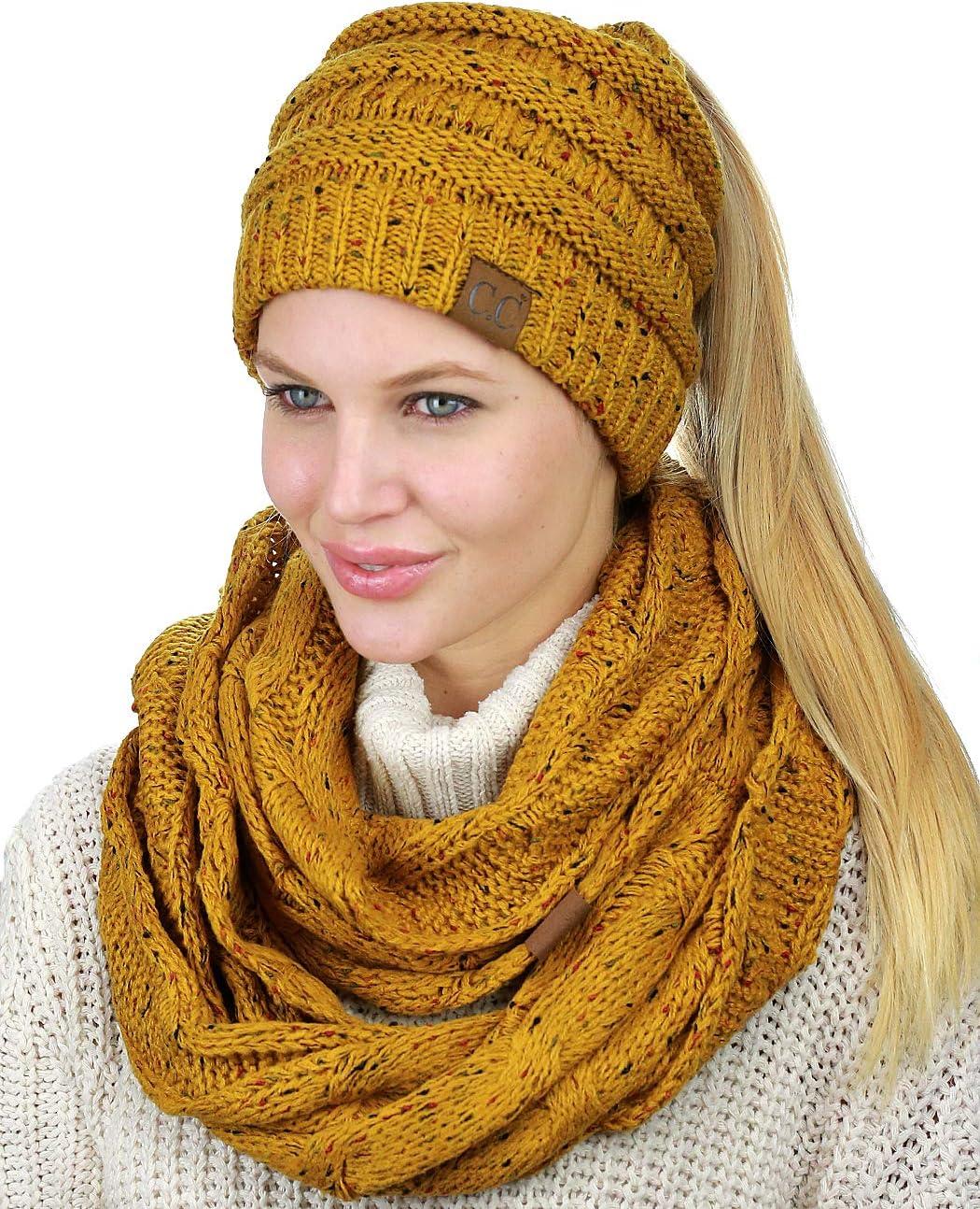 imageCC Colorful Confetti BeanieTail Messy High Bun Cable Knit Beanie and Infinity Loop Scarf SetMustard