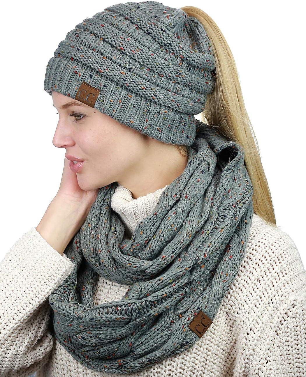 imageCC Colorful Confetti BeanieTail Messy High Bun Cable Knit Beanie and Infinity Loop Scarf SetNatural Gray