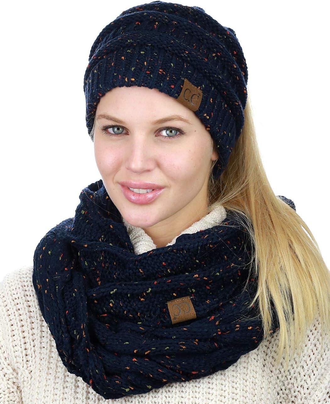 imageCC Colorful Confetti BeanieTail Messy High Bun Cable Knit Beanie and Infinity Loop Scarf SetNavy