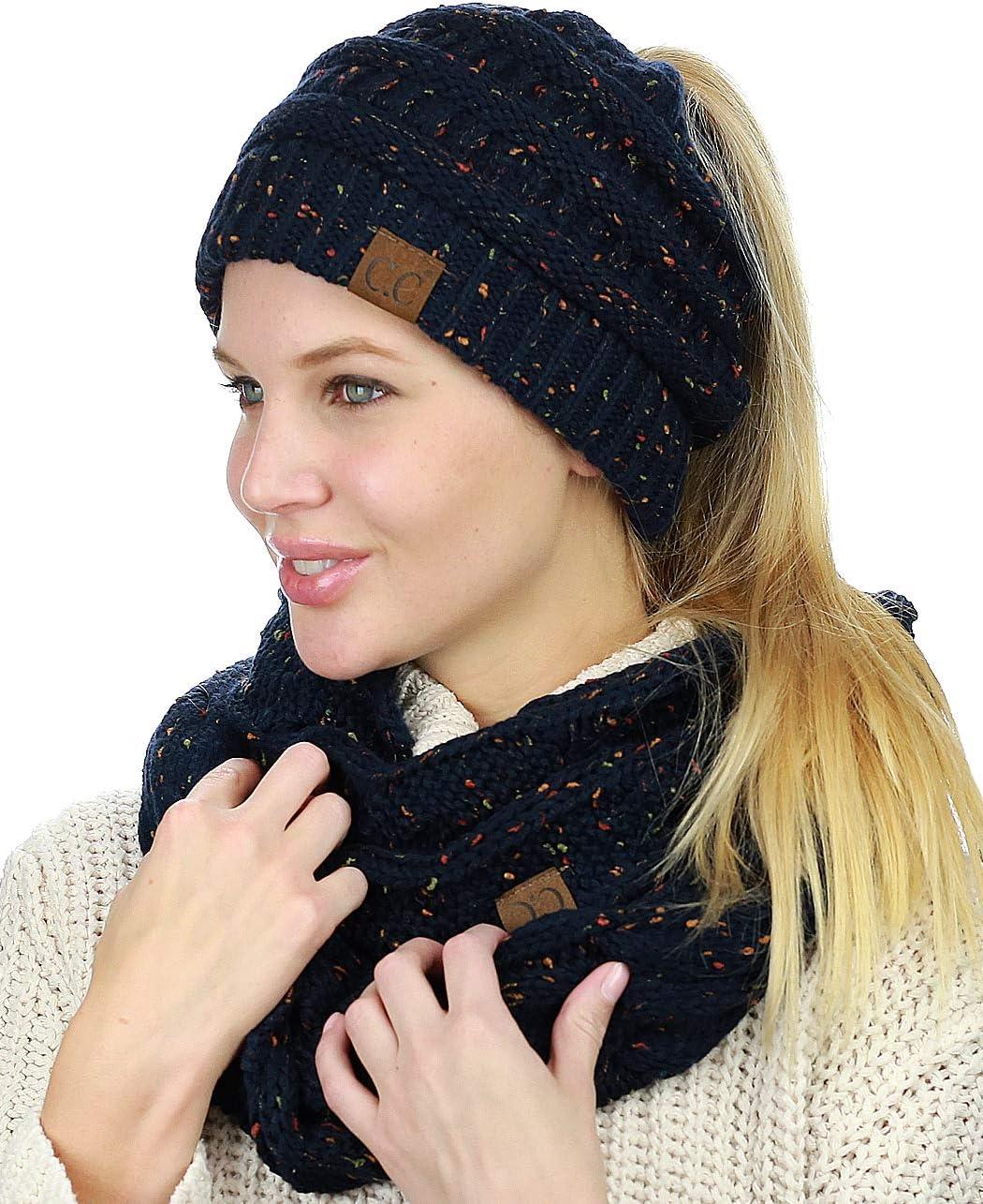 imageCC Colorful Confetti BeanieTail Messy High Bun Cable Knit Beanie and Infinity Loop Scarf SetNavy