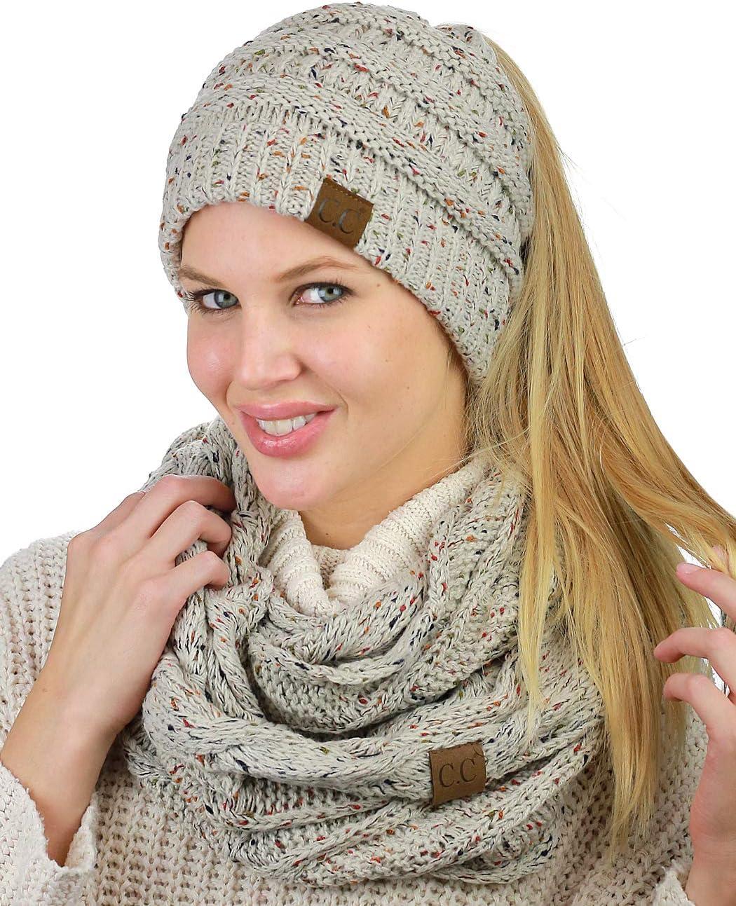 imageCC Colorful Confetti BeanieTail Messy High Bun Cable Knit Beanie and Infinity Loop Scarf SetOatmeal