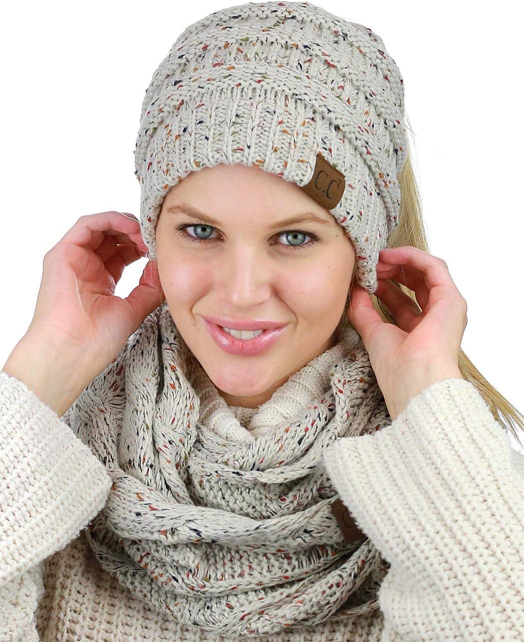 imageCC Colorful Confetti BeanieTail Messy High Bun Cable Knit Beanie and Infinity Loop Scarf SetOatmeal