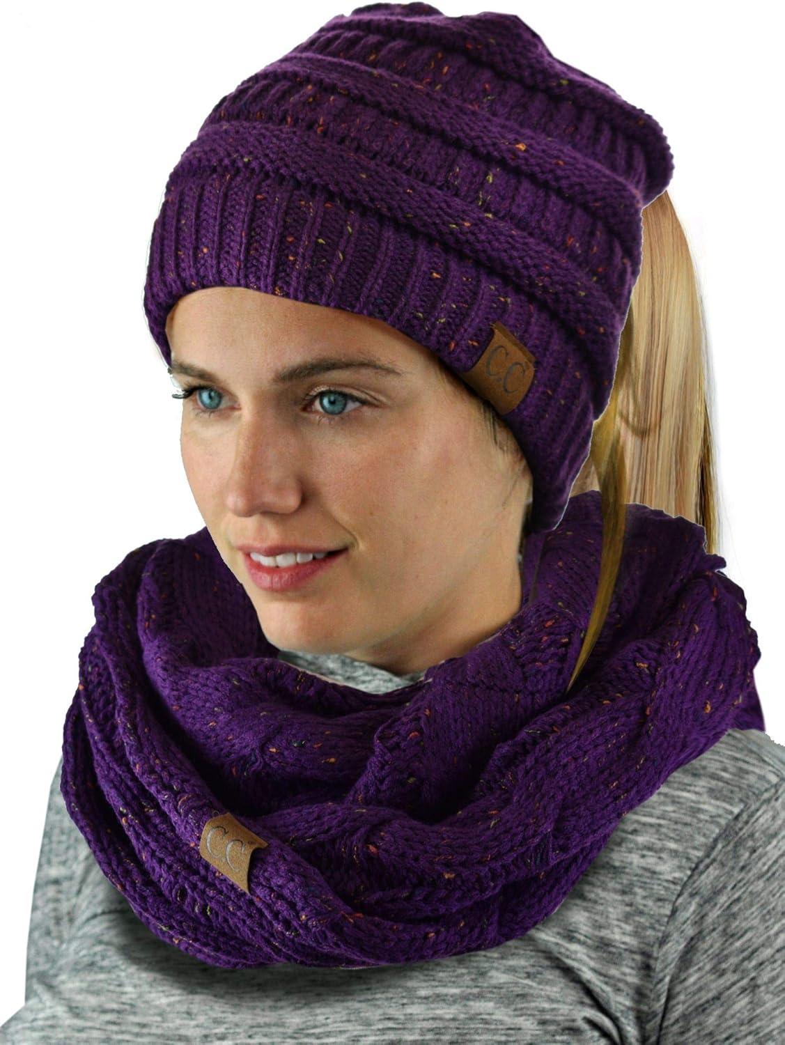 imageCC Colorful Confetti BeanieTail Messy High Bun Cable Knit Beanie and Infinity Loop Scarf SetPurple