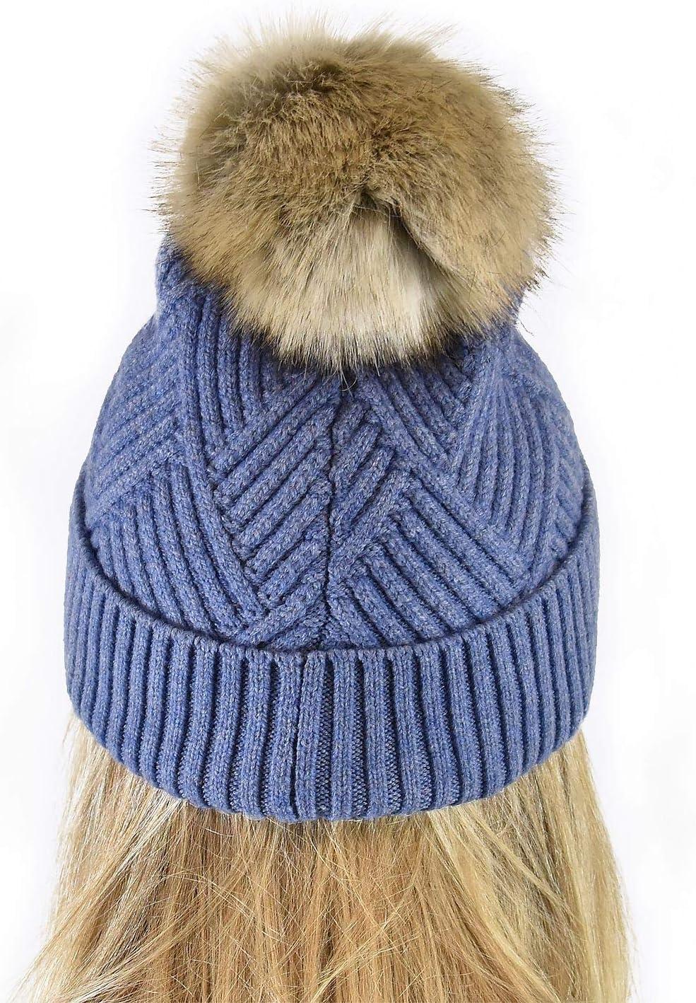 imageCC Diagonal Criss Cross Pattern Suede Patch Snuggly Soft Pom Cuff BeanieDenim Mix