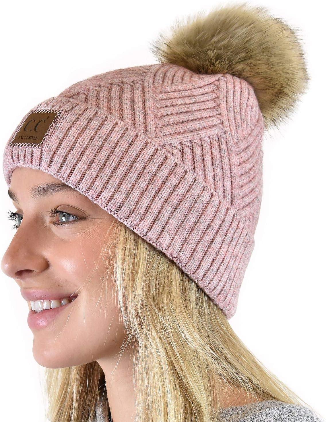 imageCC Diagonal Criss Cross Pattern Suede Patch Snuggly Soft Pom Cuff BeanieRose Mix