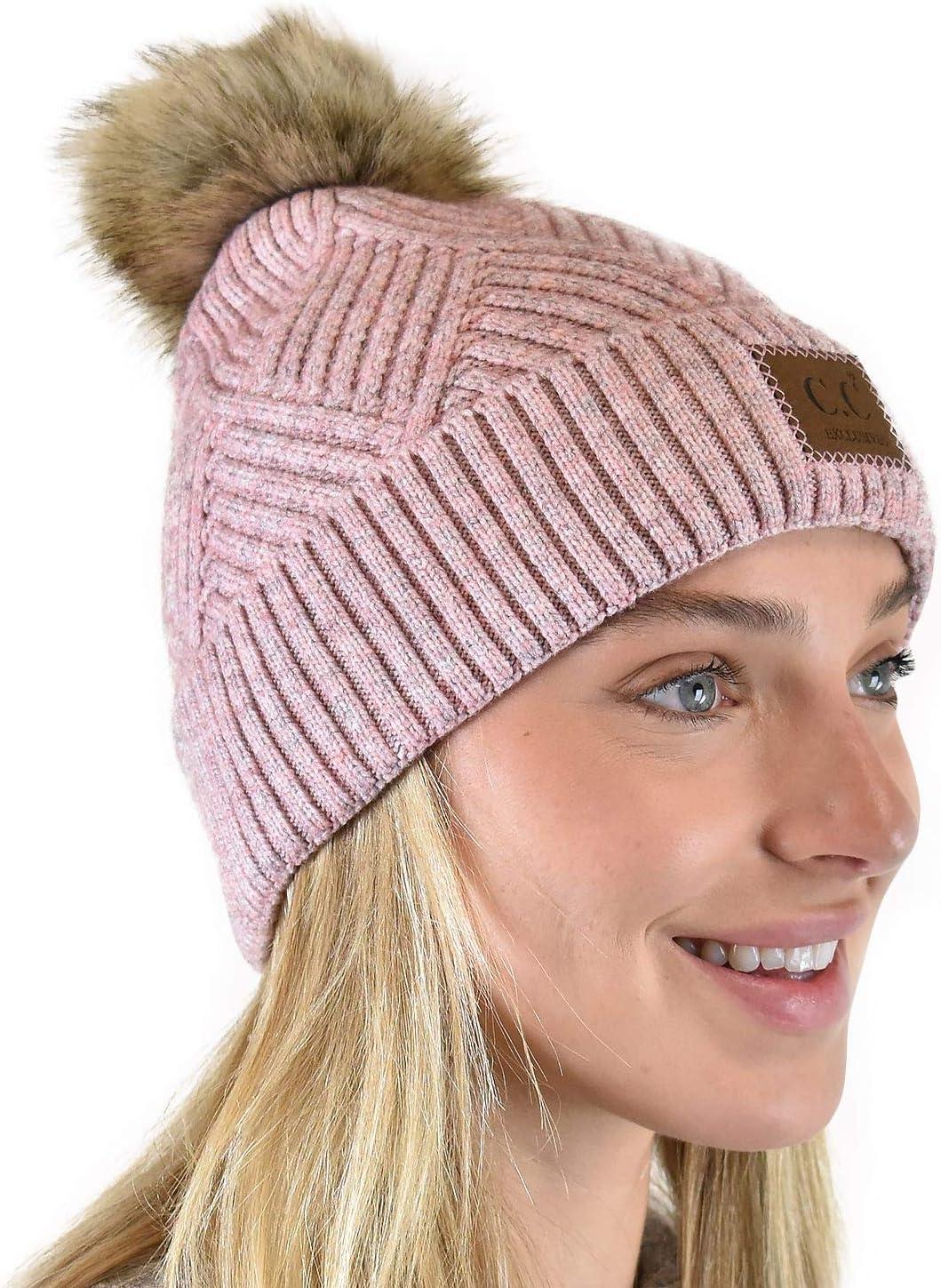 imageCC Diagonal Criss Cross Pattern Suede Patch Snuggly Soft Pom Cuff BeanieRose Mix