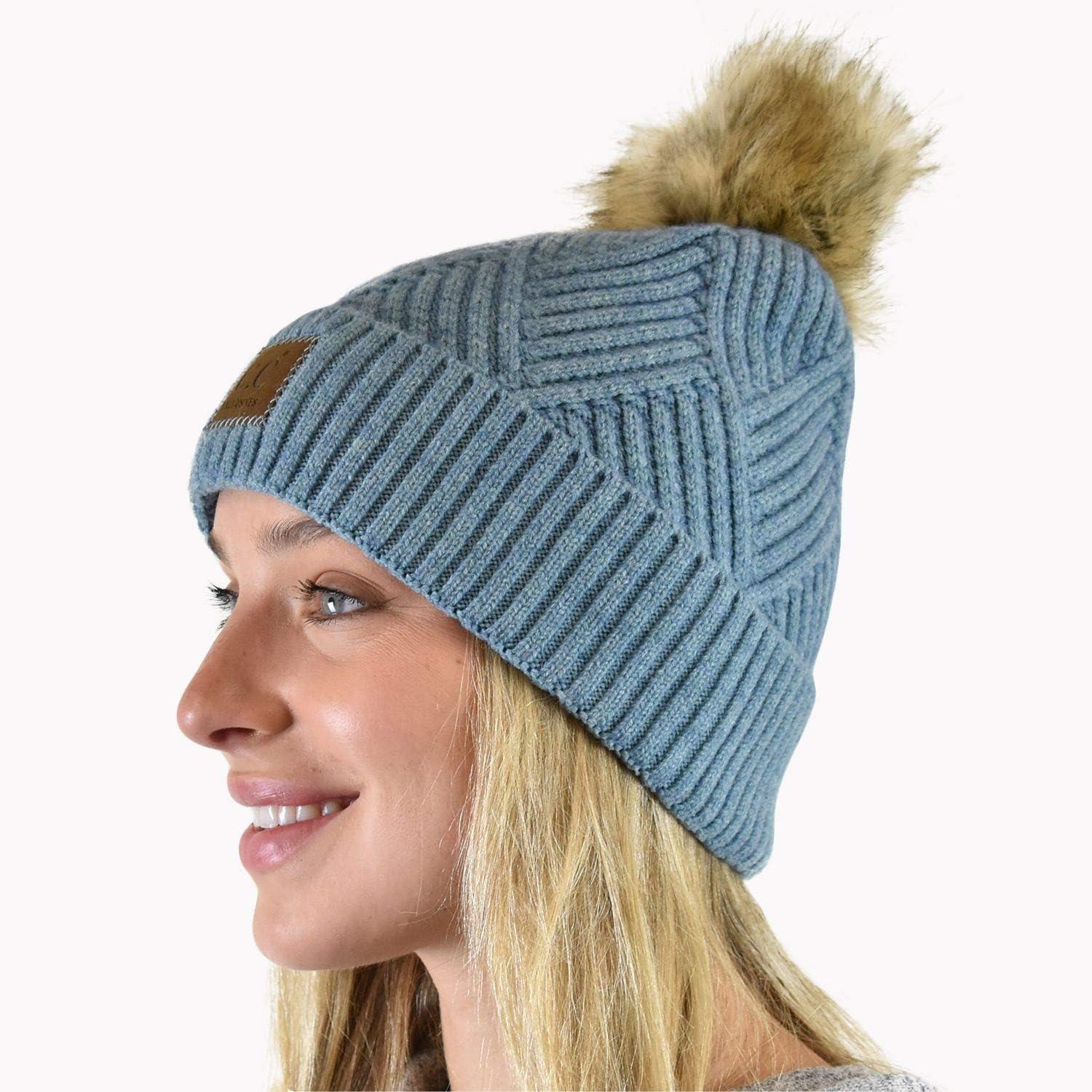 imageCC Diagonal Criss Cross Pattern Suede Patch Snuggly Soft Pom Cuff BeanieSteel Blue Mix