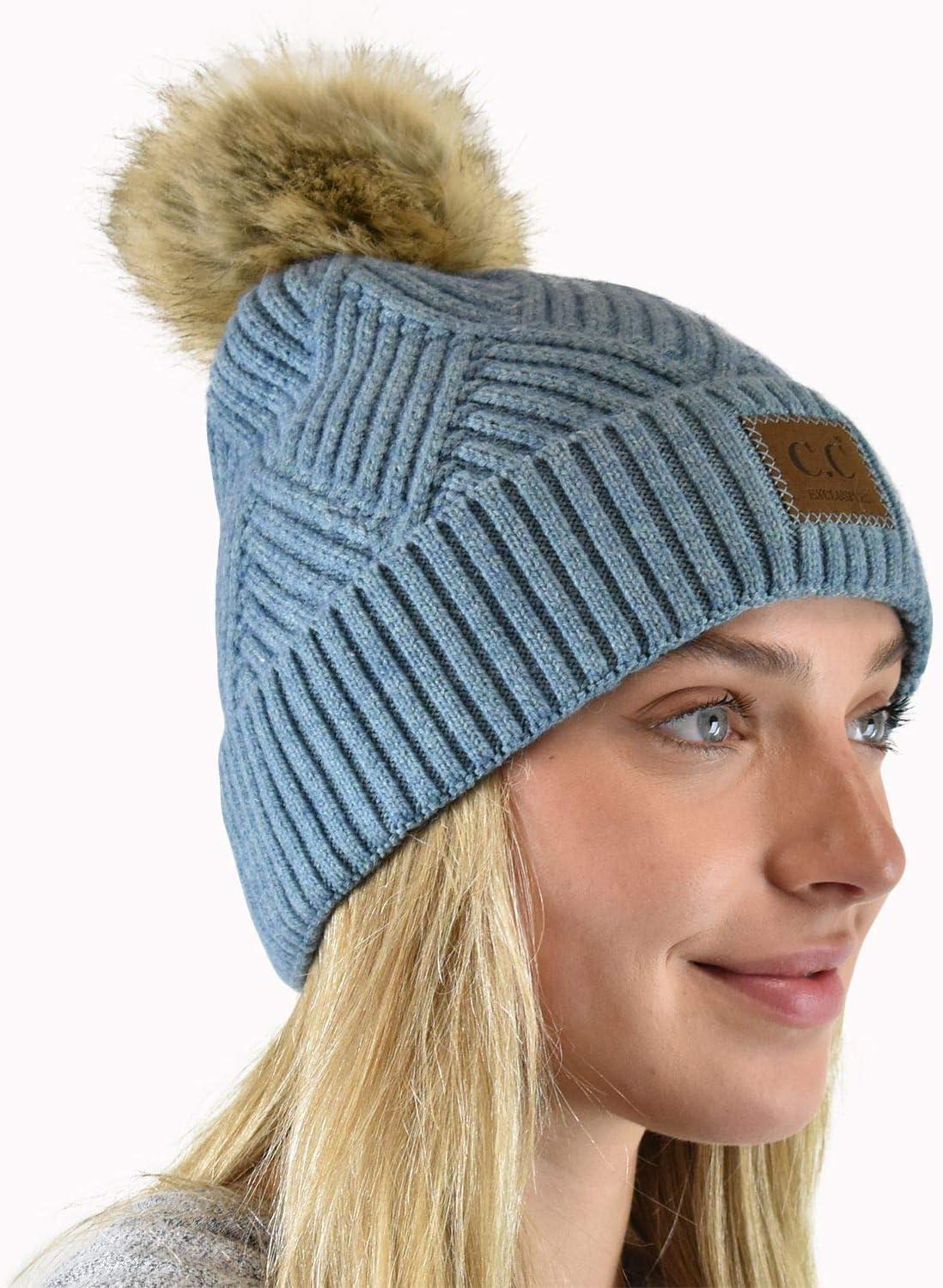 imageCC Diagonal Criss Cross Pattern Suede Patch Snuggly Soft Pom Cuff BeanieSteel Blue Mix