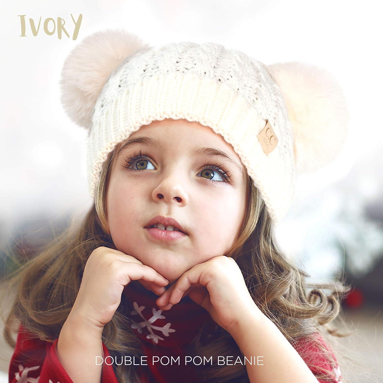 imageCC Exclusives Children Kid Double Pompom Knitted Beanie for Kids Ages 25 KID23KID24KIDS2055A Pompom Ivory Solid