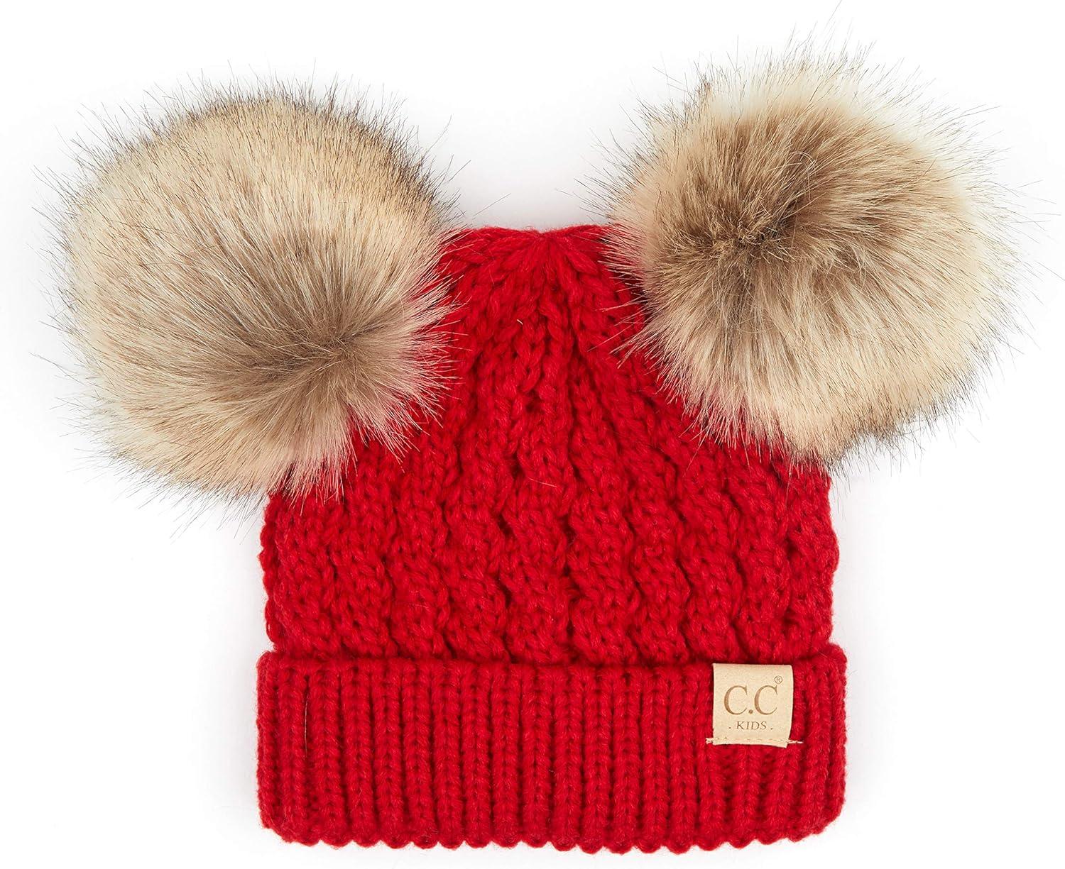 imageCC Exclusives Children Kid Double Pompom Knitted Beanie for Kids Ages 25 KID23KID24KIDS2055A Pompom Red