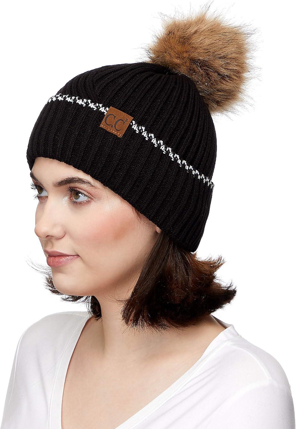 imageCC Exclusives Geometric Cable Beanie Hat with Faux Fur Pom HAT2298HAT7011HAT2213YJ920Accent Cuffblack