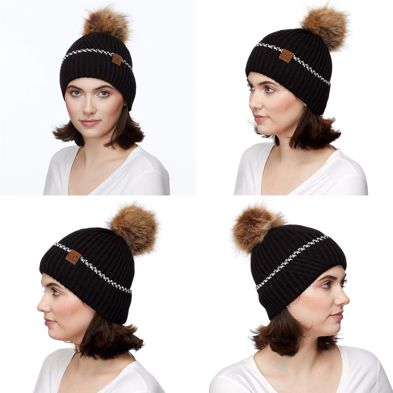 imageCC Exclusives Geometric Cable Beanie Hat with Faux Fur Pom HAT2298HAT7011HAT2213YJ920Accent Cuffblack