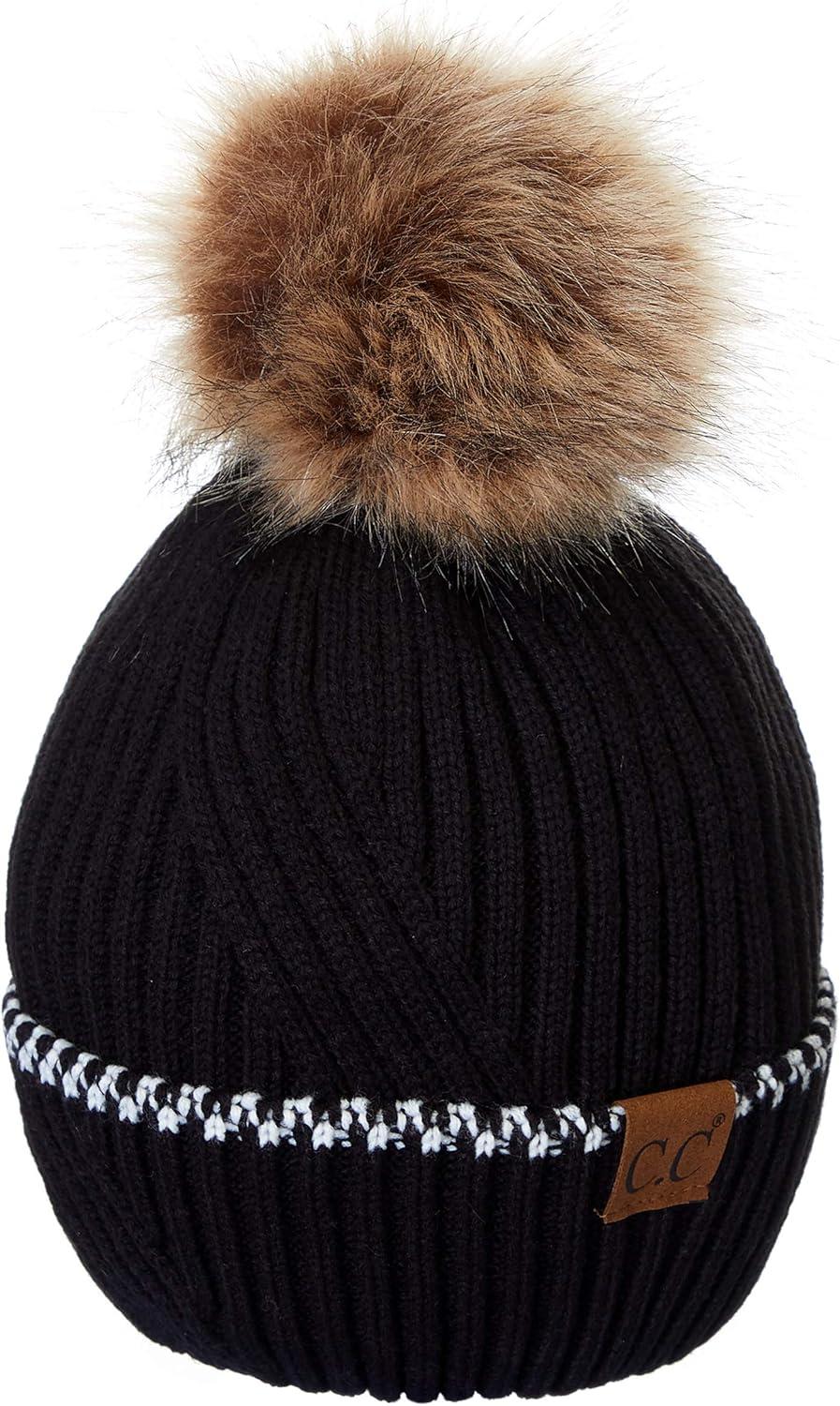 imageCC Exclusives Geometric Cable Beanie Hat with Faux Fur Pom HAT2298HAT7011HAT2213YJ920Accent Cuffblack