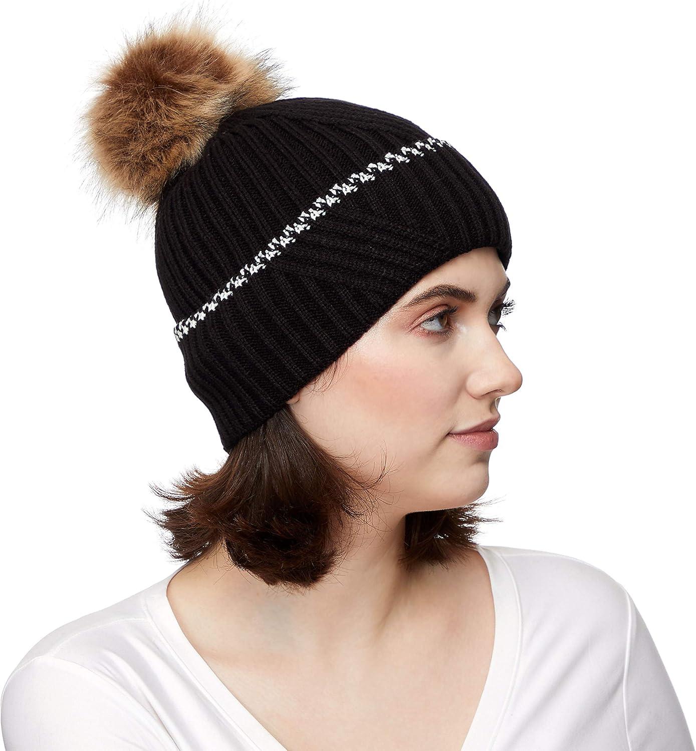 imageCC Exclusives Geometric Cable Beanie Hat with Faux Fur Pom HAT2298HAT7011HAT2213YJ920Accent Cuffblack