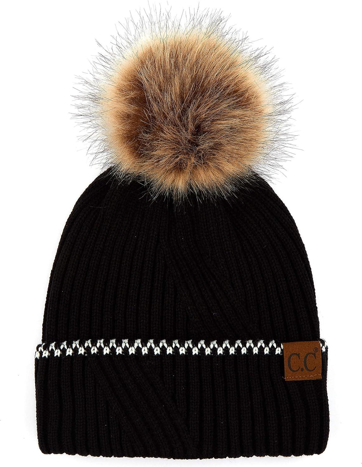 imageCC Exclusives Geometric Cable Beanie Hat with Faux Fur Pom HAT2298HAT7011HAT2213YJ920Accent Cuffblack