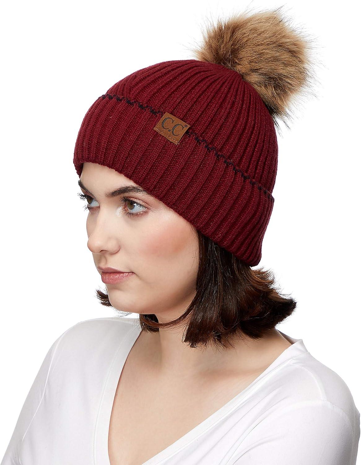 imageCC Exclusives Geometric Cable Beanie Hat with Faux Fur Pom HAT2298HAT7011HAT2213YJ920Accent Cuffburgundy
