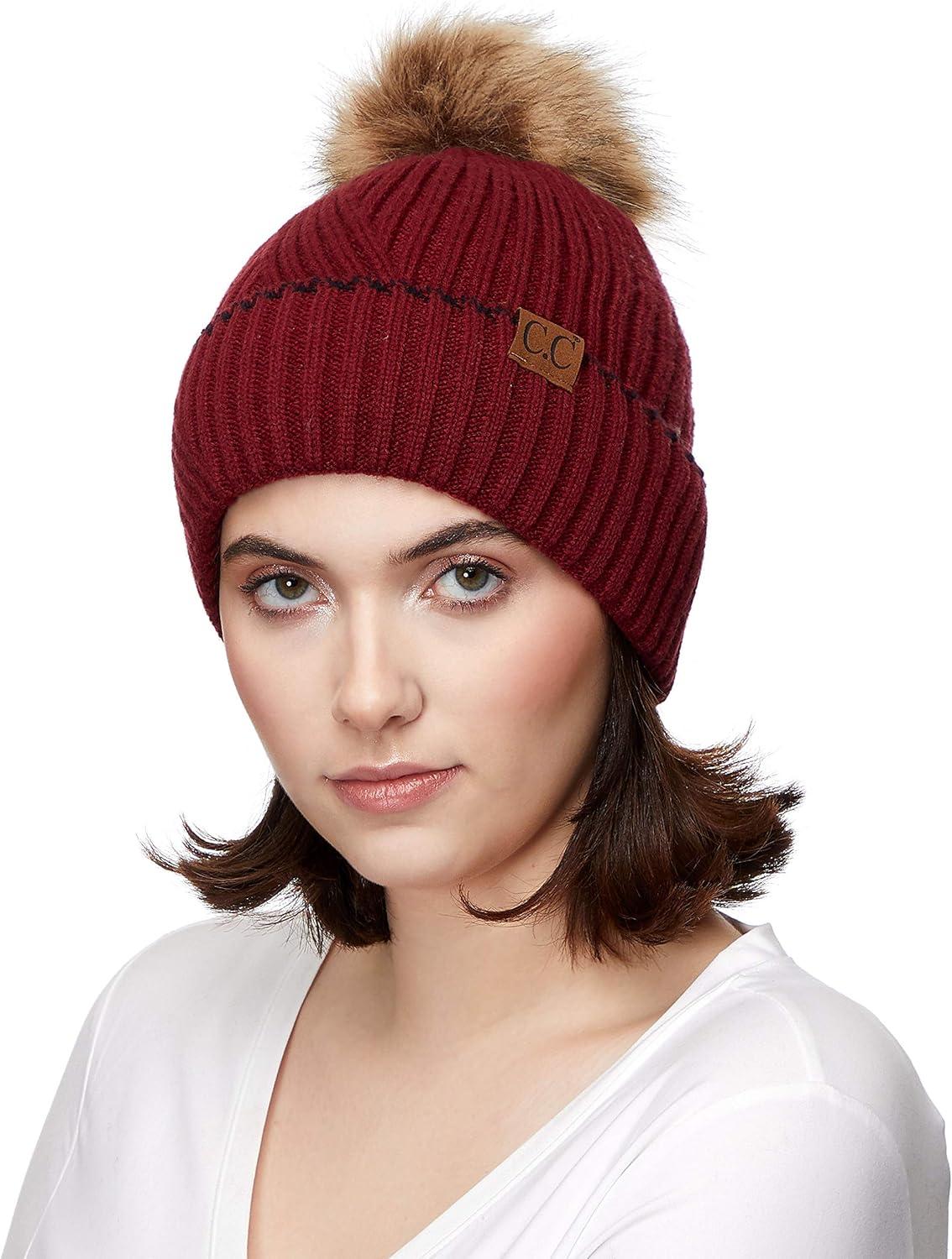 imageCC Exclusives Geometric Cable Beanie Hat with Faux Fur Pom HAT2298HAT7011HAT2213YJ920Accent Cuffburgundy