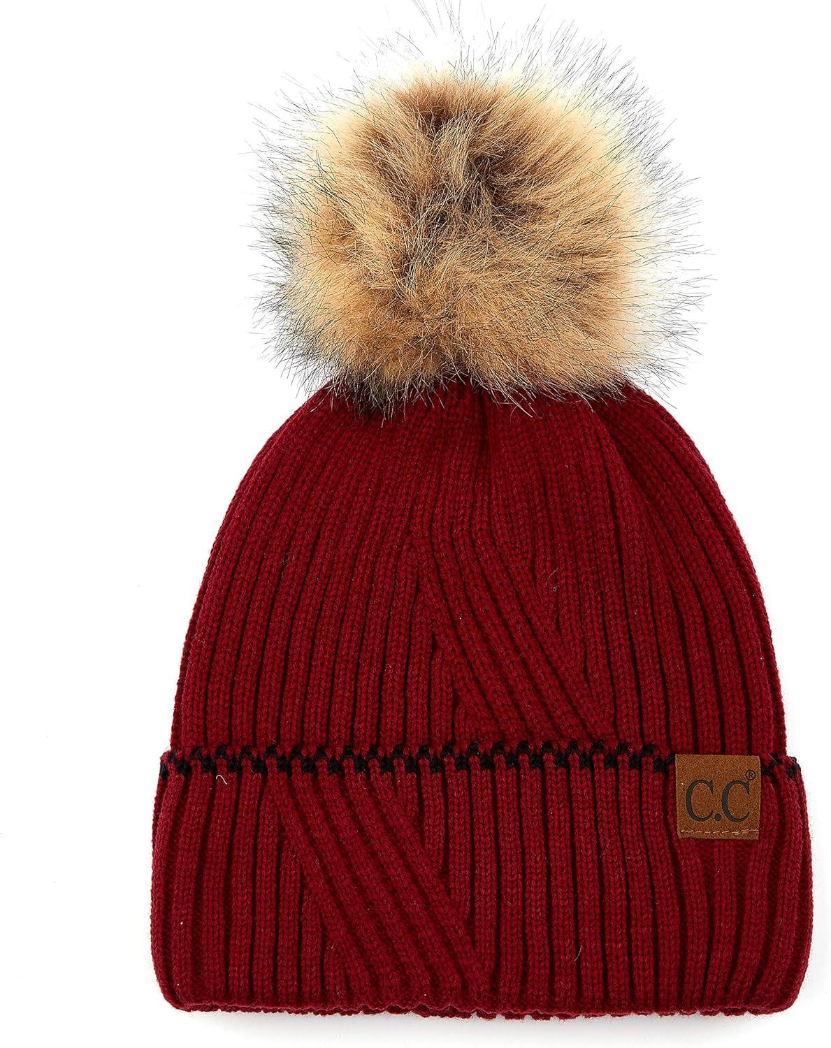 imageCC Exclusives Geometric Cable Beanie Hat with Faux Fur Pom HAT2298HAT7011HAT2213YJ920Accent Cuffburgundy
