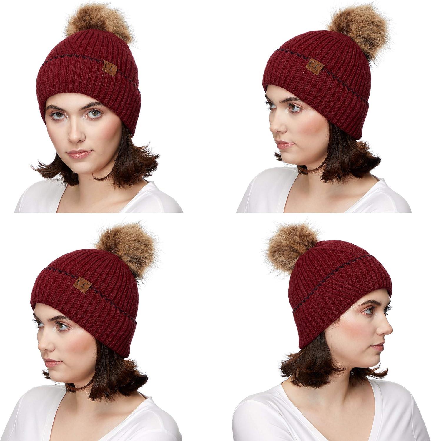 imageCC Exclusives Geometric Cable Beanie Hat with Faux Fur Pom HAT2298HAT7011HAT2213YJ920Accent Cuffburgundy